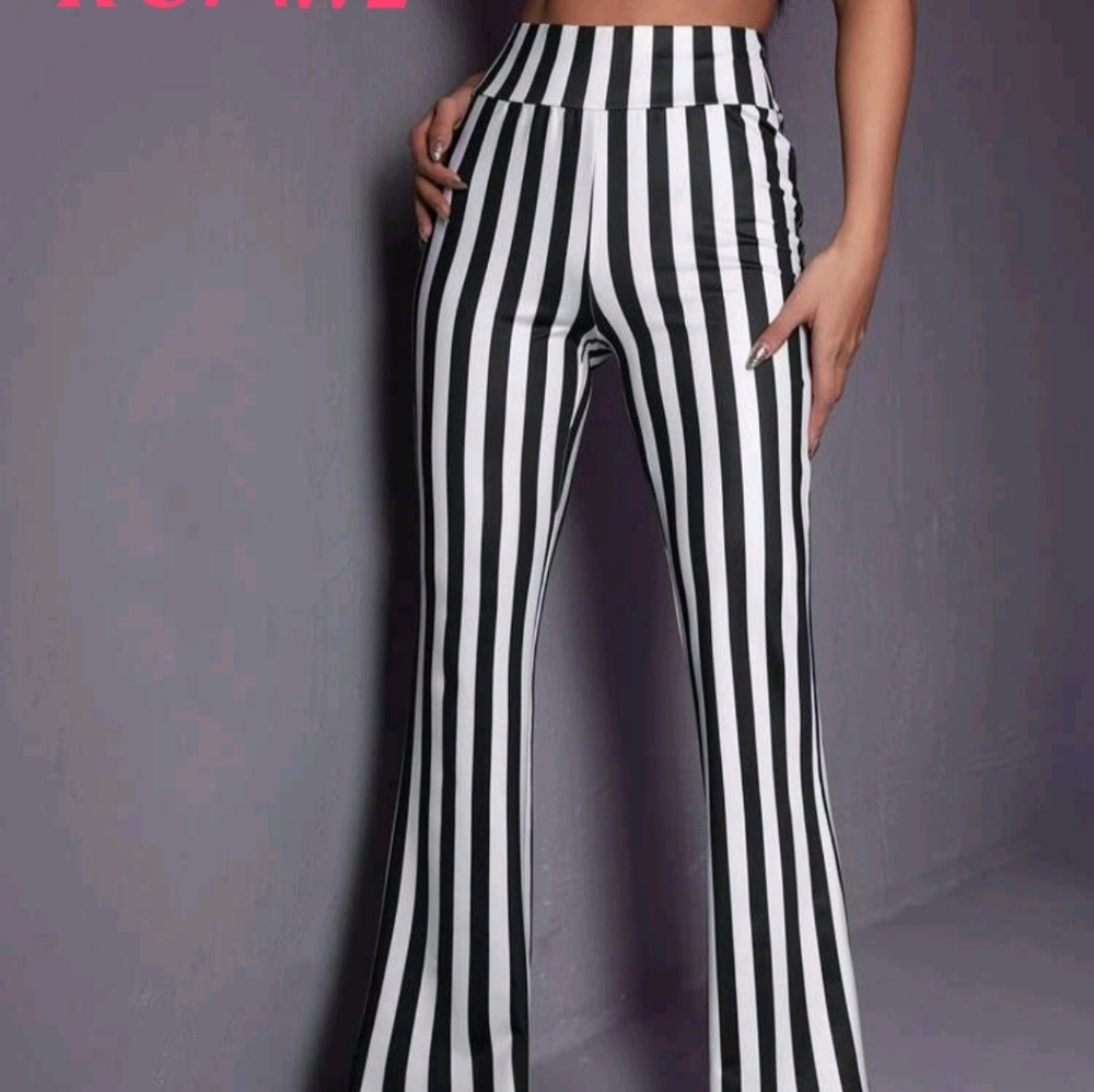 NEW! ROMWE PUNK Striped Print Flare Leg Pants